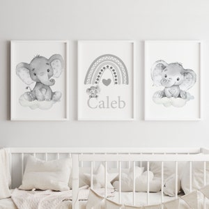 Decorazione murale per cameretta dei bambini con elefante neutro, stampa artistica personalizzata con nome del bambino, set di 3 poster grigi con genere, arcobaleno