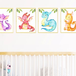 Decorazione della stanza della scuola materna del neonato Poster del drago Stampa artistica da parete per bambini set di 4 opere d'arte per bambini stampabili su tela digitale blu rosso giallo