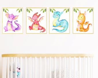 Baby Boy Nursery Room Decoration Dragon Poster Kids Print Wall Art set of 4 Pictures Printable Digital Canvas Blue Red Yellow