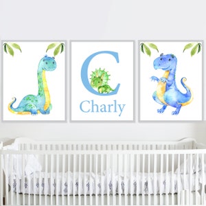 Impresión de nombre de dinosaurio personalizado, arte de pared para guardería de bebé niño, letra inicial, juego de 3 lienzos para habitación de niños personalizados, acuarela imprimible para niños