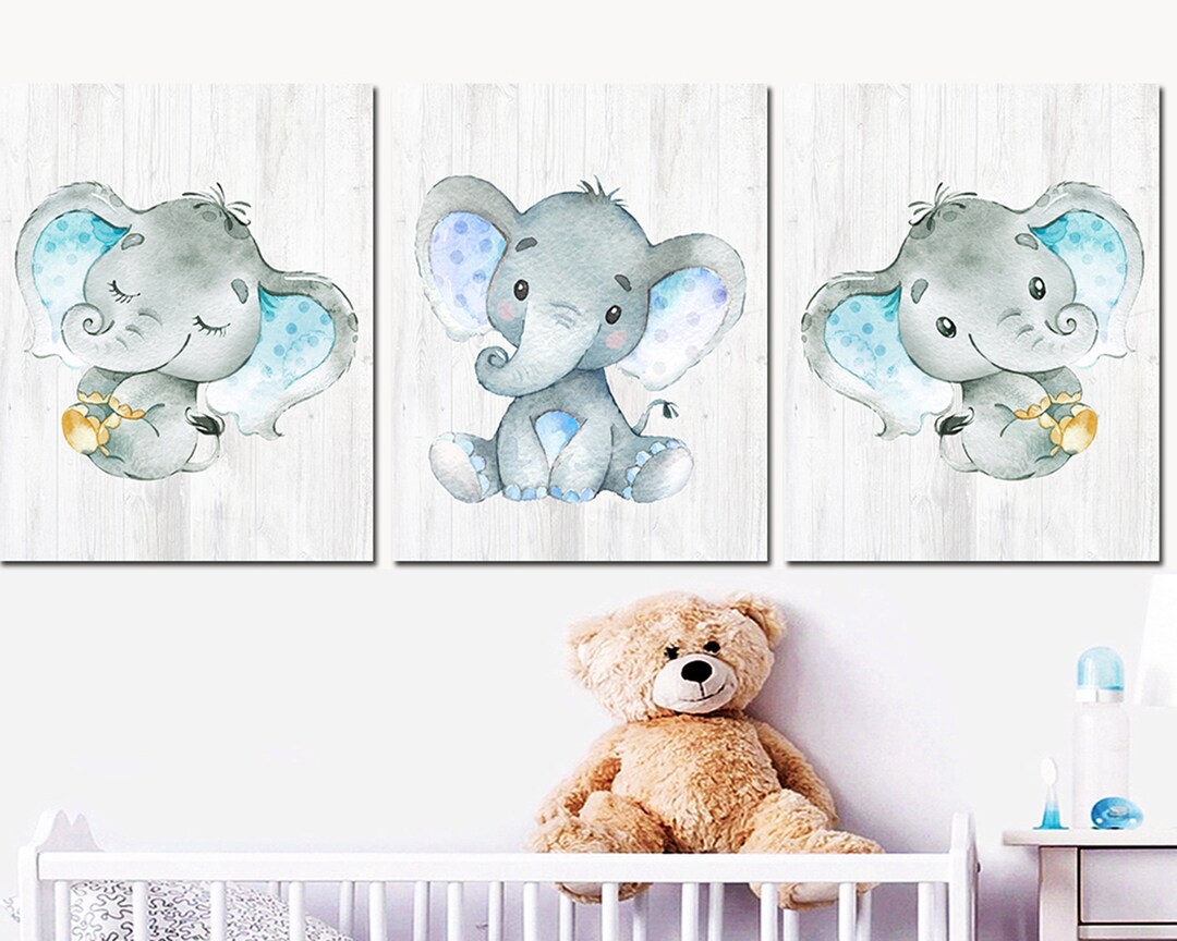 Gray Blue Elephant Wall Art Decor Baby Boy Nursery Prints Children Room