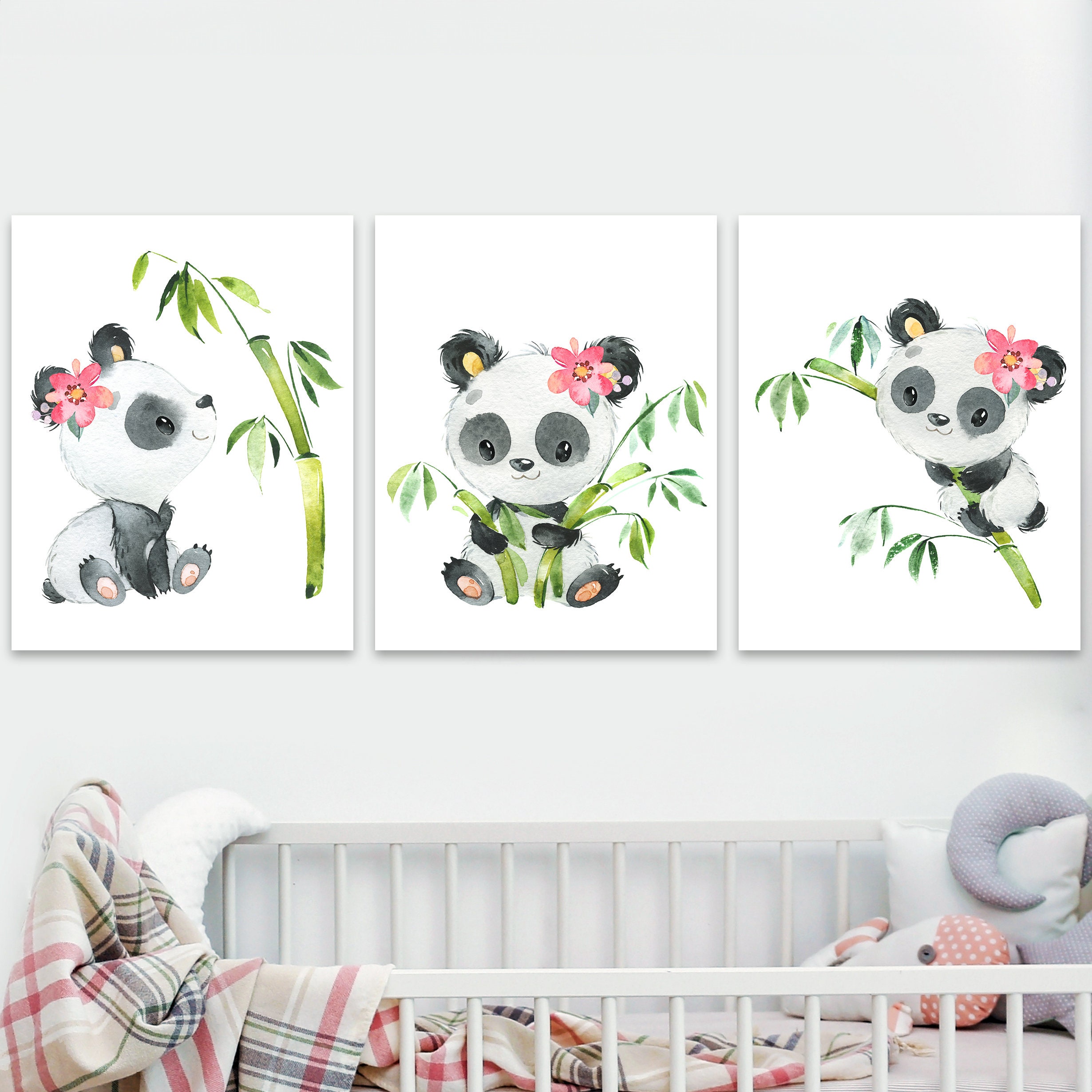 Panda Art Print Baby Girl Nursery Posters Wall Decoration Set of 3 Kids ...