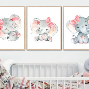 Girl Elephant Posters Baby Wall Decoration Nursery Art Prints Pictures set of 3 Kids room Printable digital Pink Gray image 2