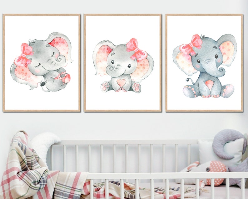 Girl Elephant Posters Baby Wall Decoration Nursery Art Prints Pictures set of 3 Kids room Printable digital Pink Gray image 2