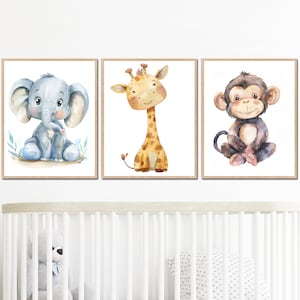 Stampa animali safari Poster per bambini neutri Decorazione da parete per bambina Camera per bambini Zoo set di 3 Giraffa Elefante Scimmia Immagine digitale