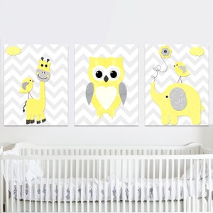 Stampa artistica Giraffa Elefante Gufo Decorazione da parete per cameretta dei bambini Bambino Ragazzo Ragazza Camera da letto Bambini Bambini set di 3 poster Giallo e Grigio Tela immagine digitale