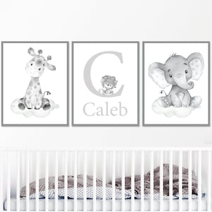 Stampe iniziali personalizzate per nomi di bambini, decorazioni murali per camera da letto neutre personalizzate, set grigio da 3 per bambini, genere digitale, ragazza