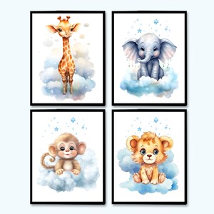 Decorazioni murali per la cameretta dei bambini, stampe artistiche con animali del safari, set di 4 poster stampabili per la cameretta dei bambini, leone, scimmia, giraffa, elefante