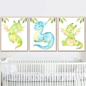 Dragon Art Print Baby Boy Nursery Wall Decor Camera per bambini set di 3 immagini Digital Printable Acquerello Verde Blu piccolo poster per sala giochi