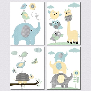 Decoración de habitación infantil para bebé, arte de pared para niños, impresión para dormitorio infantil, elefante, jirafa, juego de 4 pósteres, imagen digital en gris, azul, amarillo y menta