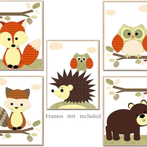 Arte murale per bambini Woodland Nursery Decor per la cameretta dei bambini Stampe per neonati Animali della foresta set di 5 stampe digitali Gufo Volpe Arancione verde