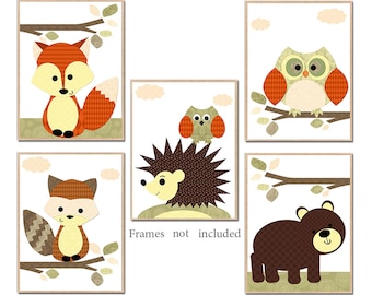 Woodland Nursery Wall Art Kids Room Decor Baby Boy Prints Forest Animals set of 5 Printable Digital Owl Fox Orange green