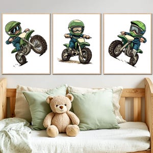 Decoración de pared de motocicletas, arte de motos deportivas, póster de vehículo imprimible, regalo de guardería para niño, conjunto digital de 3, dormitorio infantil, transporte verde