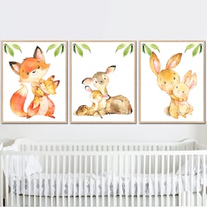 Woodland Baby Nursery Art Stampabile Foresta Decorazione da parete Camera dei bambini Animale set di 3 Immagine volpe lepre Acquerello Digitale mamma madre poster su tela
