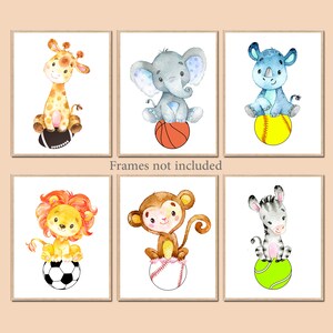 Stampe artistiche di animali per bambini, poster per la decorazione della parete della cameretta dei bambini, calcio, baseball, sport, set di 6 immagini digitali stampabili.