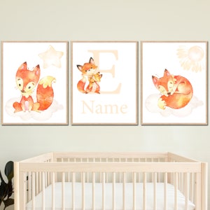 Decorazione per la cameretta dei bambini con volpe, nome personalizzato per bambina, arte murale neutra, poster stampabile personalizzato, set di 3 regali digitali per la camera da letto degli animali della foresta per bambini