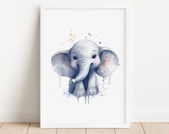 Safari bébé animaux éléphants affiche d'art numérique imprimable chambre d'enfant garçon fille décoration murale téléchargement aquarelle