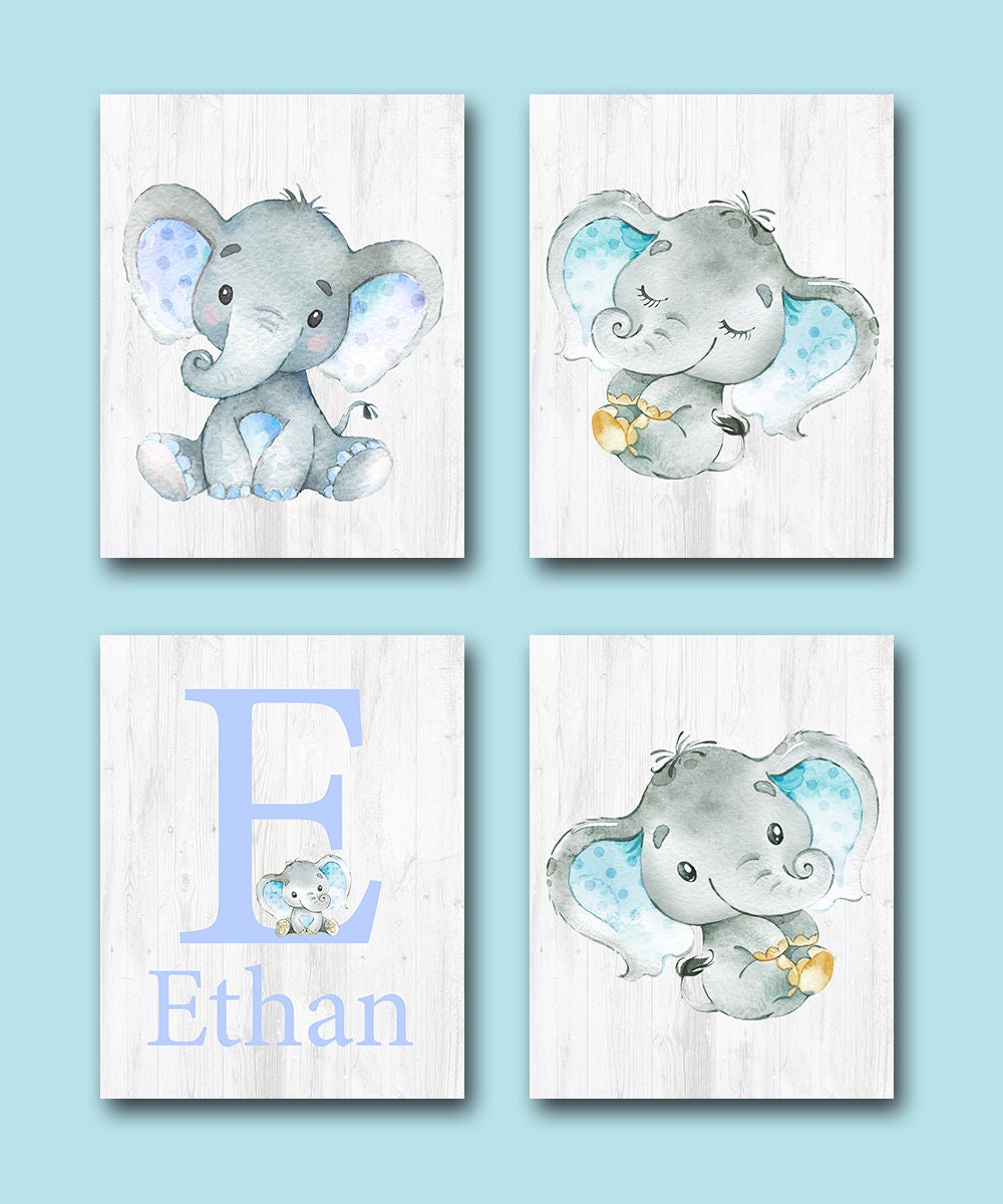 Personalised A4 Initial Alphabet Print Elephant Baby Child Pink or Blue 