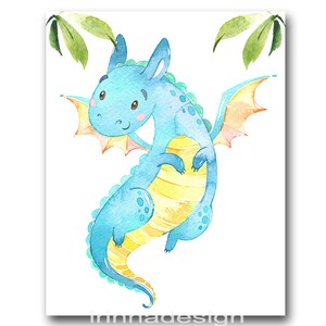 May include: A watercolor illustration of a blue and yellow dragon with a friendly expression. The dragon has a long tail, wings, and a yellow belly. The dragon is surrounded by green leaves.