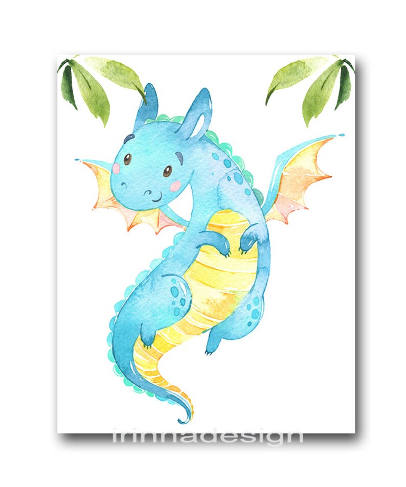 May include: A watercolor illustration of a blue and yellow dragon with a friendly expression. The dragon has a long tail, wings, and a yellow belly. The dragon is surrounded by green leaves.