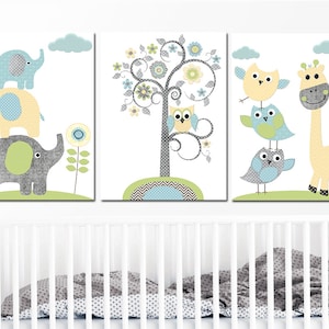 Stampa artistica per la cameretta dei bambini, decorazione da parete con gufo, set di 3 poster, grigio, blu, giraffa, elefante, ragazzo e ragazza, regalo per la camera dei bambini neutri
