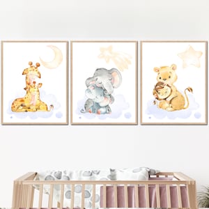 Decorazione neutra per la cameretta dei bambini, decorazione per la camera da letto, animali da safari nella giungla, set stampabile di 3 giraffe, elefanti, poster, stelle digitali, luna, ragazza, ragazzo