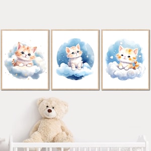 Gatitos Dormitorio imprime Cat Nursery Wall Art Decor Girl Boy Poster conjunto de 3 imágenes Niños Digital Imprimible baby shower regalo animales