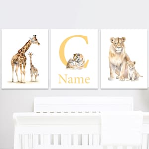 Safari Animali Neonati Madre Bambino Stampa artistica Nursery Wall Decor Nome personalizzato Personalizzato zoo Mamma set di 3 Giraffa Leone tigre bambina ragazzo
