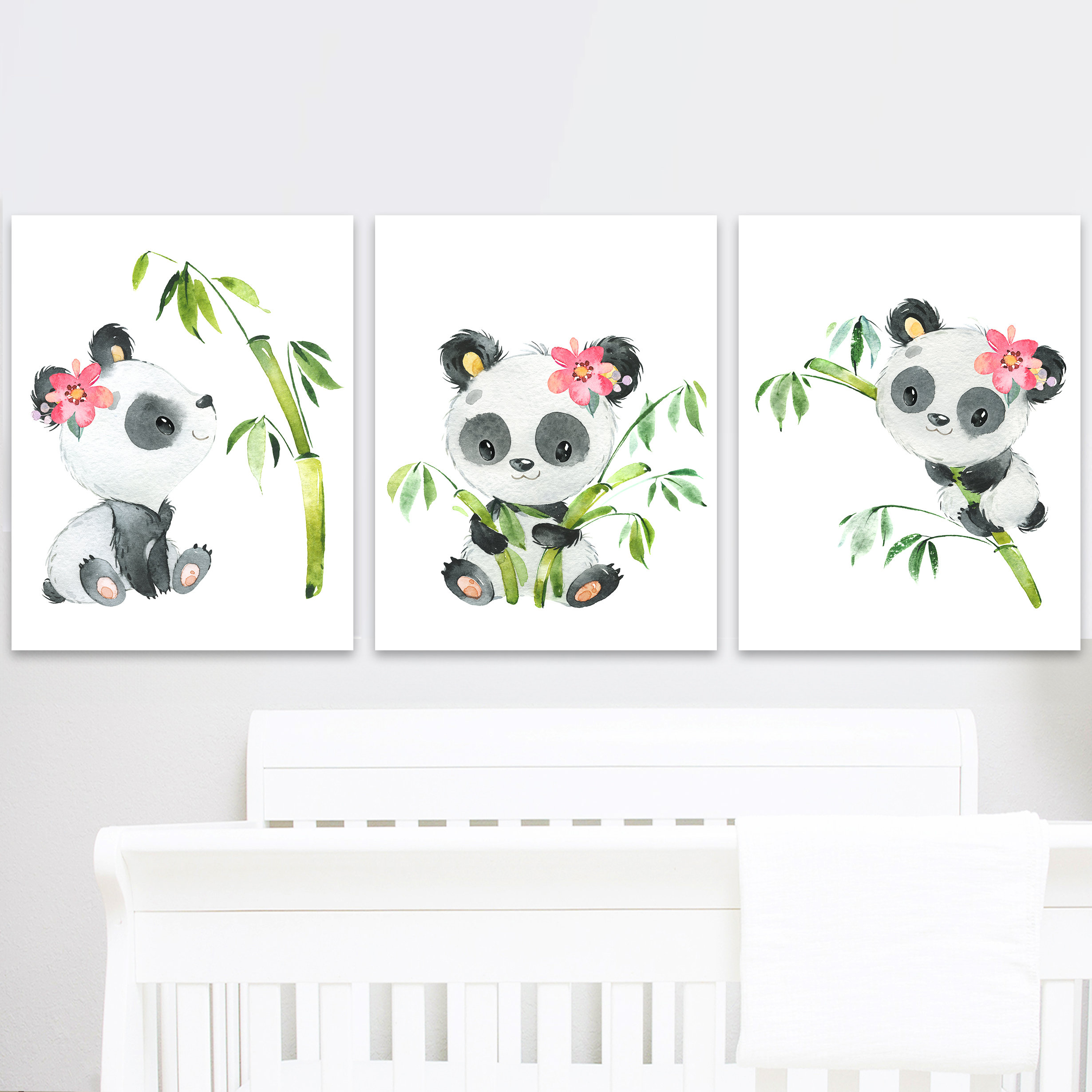 Panda Art Print Baby Girl Nursery Posters Wall Decoration Set of 3 Kids ...