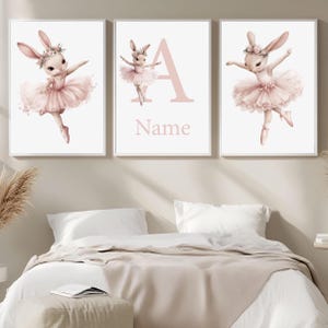 Impresión artística personalizada de animales de bailarina, conejo, nombre personalizado, decoración de pared para habitación de bebé niña, juego de 3 pósteres digitales para dormitorio infantil