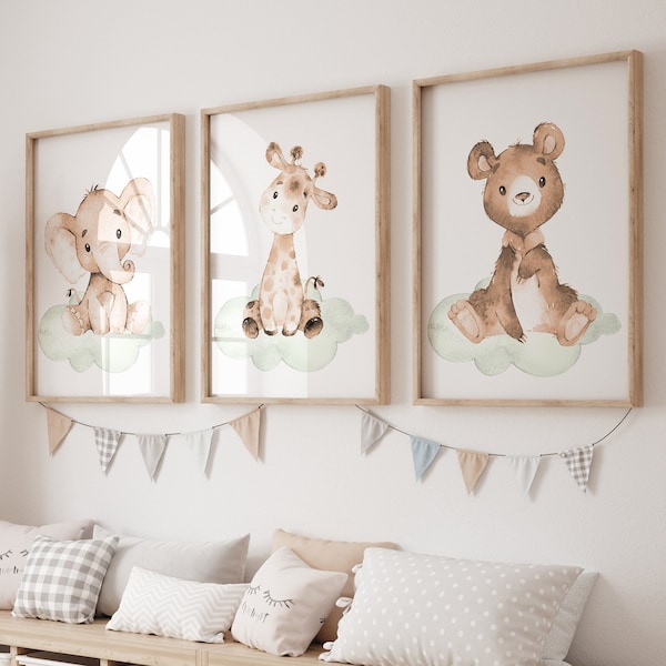 Neutral Wall Decoration Baby Room Kids Girl boy Zoo Nursery Art Print Posters Safari Animals Jungle set of 3 digital bear elephant giraffe