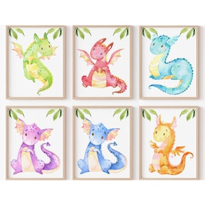 Avventura del drago del bambino Decorazione della camera da letto del bambino Ragazzo Ragazza Asilo nido Arte della parete Stampa per bambini Creature mitiche per bambini Set digitale di 6 poster sala giochi
