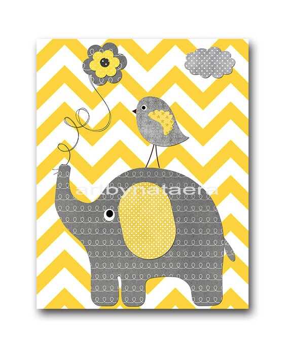 Yellow And Gray Elephant Nursery Wall Art Baby Room Decor Baby Etsy