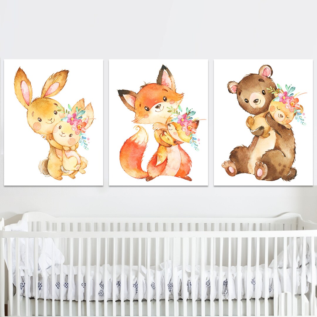 Woodland Animals Nursery Art Forest Baby Girl Wall Bedroom Decor Prints ...