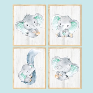 Mint Gray Baby Elephant Wall Print Neutral Gender Nursery Art Boy Room ...