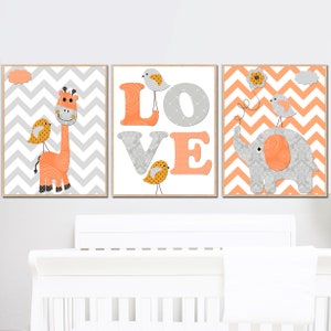 Stampa artistica di elefante per bambini, bambina, ragazzo, decorazione per la cameretta dei bambini, set di 3 poster da parete per camera da letto dei bambini, giraffa, grigio, arancione, immagini digitali per bambini piccoli /