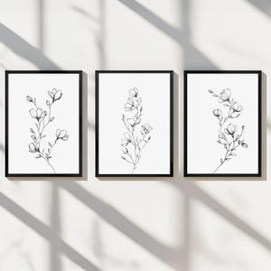 Decoración de pared con diseño floral, póster minimalista con diseño botánico para imprimir, juego digital de 3 piezas para dormitorio infantil, imagen en blanco y negro