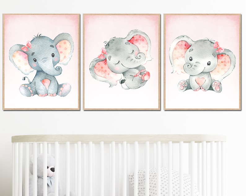 Baby Girl Nursery Decor Elephant Wall Artwork Children Playroom ...