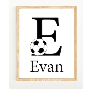 Niño personalizado bebé nombre signo personalizado cartel digital vivero arte letra inicial pared impresión fútbol deporte niños sala de juegos decoración