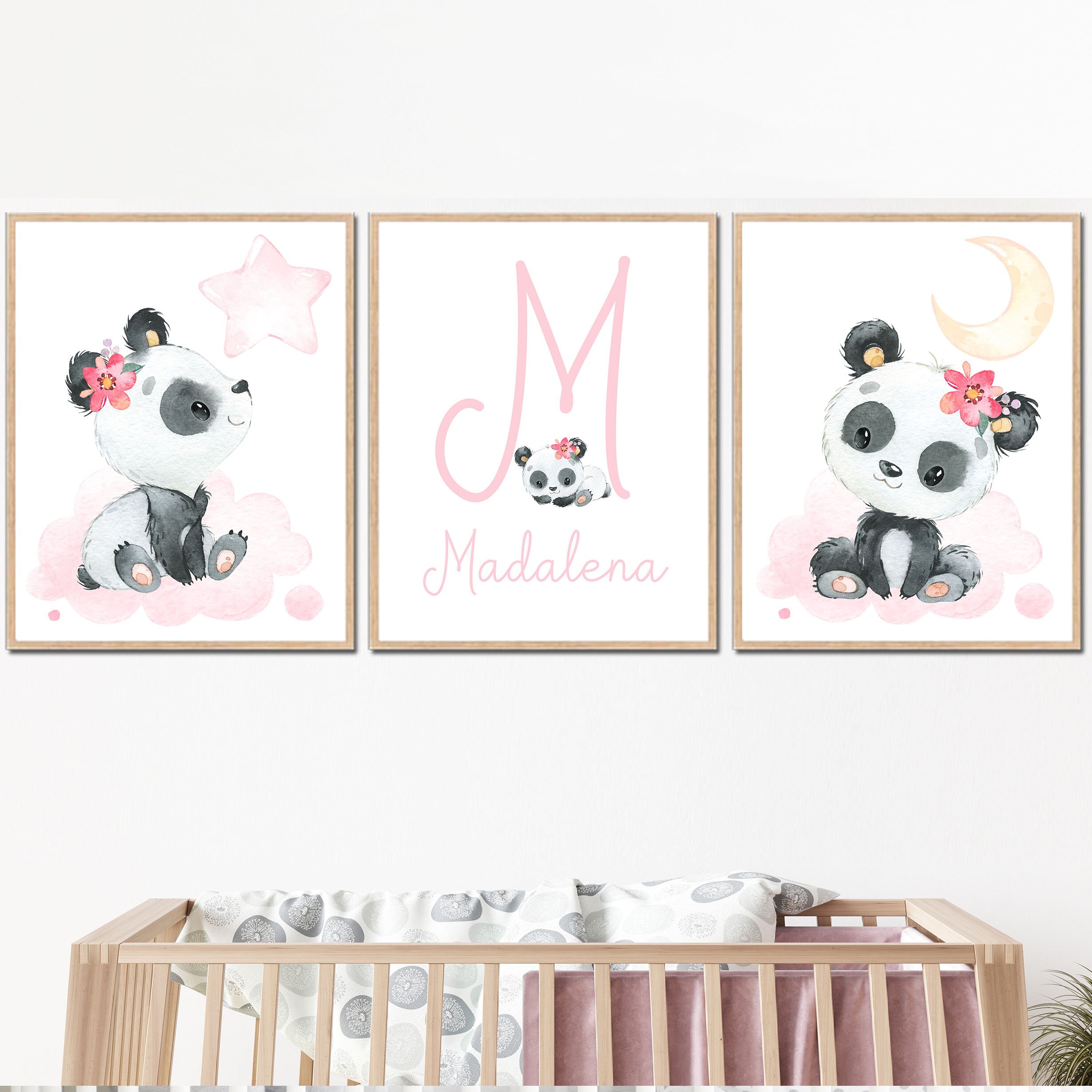 Panda Baby Girl Nursery Art Prints Kids Room Wall Decor Name Custom Set ...