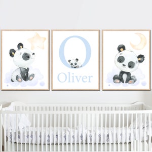 Impresiones artísticas de panda para guardería, nombre personalizado para bebé, niño, decoración de pared, letra inicial, habitación infantil personalizada, juego de 3 cuadros en lienzo con luna y estrellas