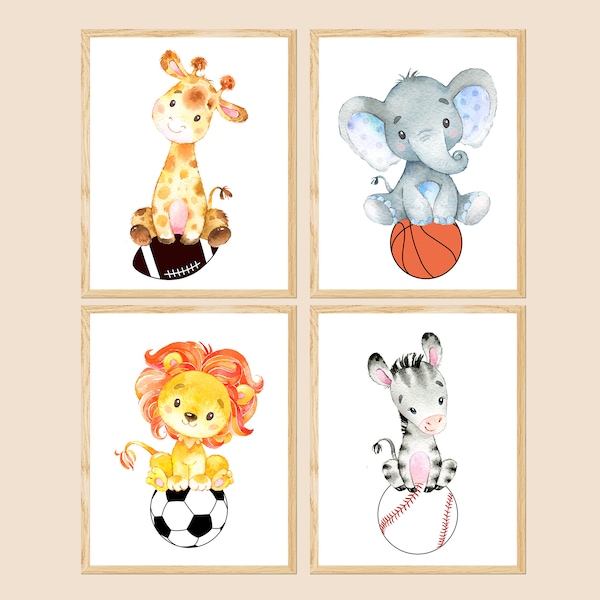 Baby Boy Nursery Decor Sports Wall Art Prints Toddler Room Football Baseball set of 4 Kids Child Jungle Safari Animals