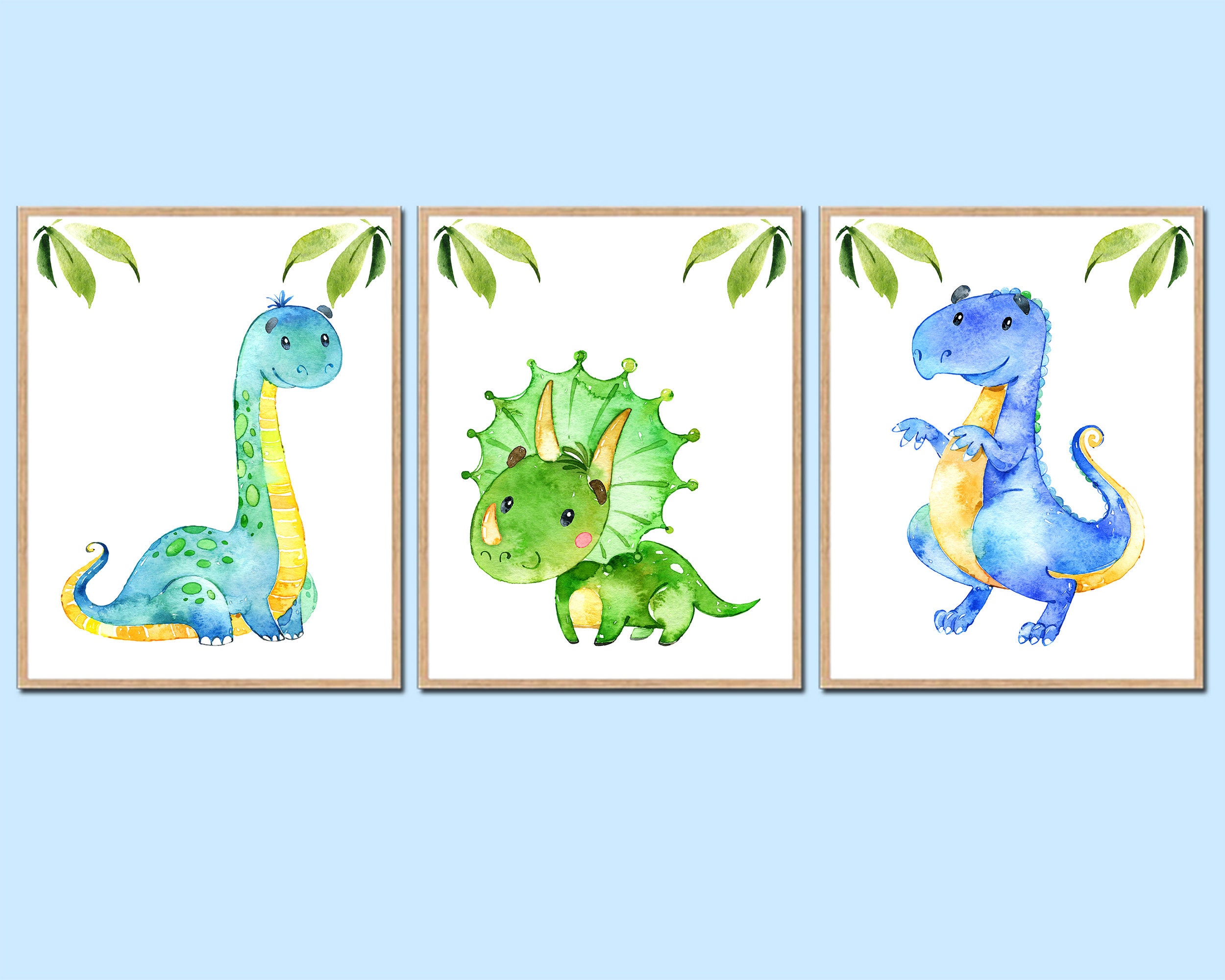 Dinosaur Wall Decor Watercolor Print Set of 3 Dinosaur Etsy