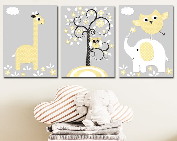 Yellow Blue Gray Owl Decor Baby Boy Nursery Art Kids Room Decor Kids Art Set of 3 Elephant Nursery Tree Owl Giraffe Nursery wall art