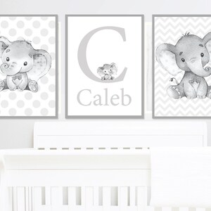 Custom Baby Name Art Initial Prints Personalized Elephant Room Wall Decor Boy Nursery Children set of 3 Kids Canvas gray