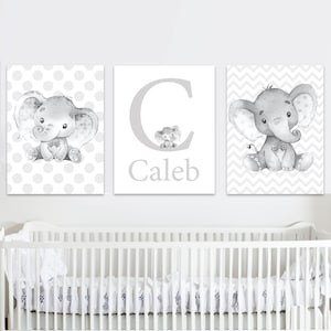 Custom Baby Name Art Initial Prints Personalized Elephant Room Wall Decor Boy Nursery Children set of 3 Kids Canvas gray digital