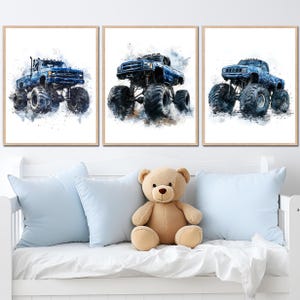 Poster Monster Truck Decorazione da parete per cameretta dei bambini, set di 3 immagini per bambini, regalo digitale per bambini piccoli, tela blu