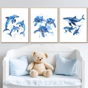 Stampa artistica da parete per il bagno dei bambini con pittura ad acquerello di animali dell'oceano, sotto il mare, decorazione per la cameretta dei bambini, set di 3 tartarughe, delfini e balene, digitale
