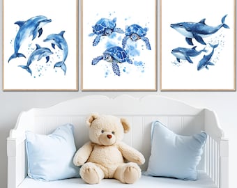 Ocean Animal Watercolor Painting Kids Bathroom Wall Art Print Under the Sea Baby Nursery Decor Turtle dolphin whale family set of 3 Digital