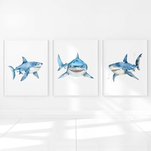 Juego de 3 impresiones artísticas de pared con temática oceánica para decoración de guardería de bebé niño con diseño de tiburón, imágenes para dormitorio infantil, póster digital para niños pequeños con animales marinos